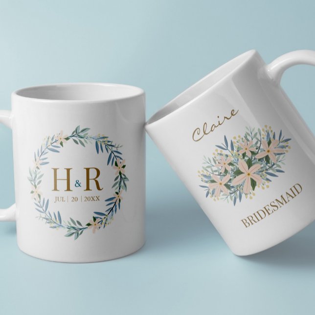 Caneca De Café Lembrança de Monograma de Damas de Honra com Flore (Criador carregado)