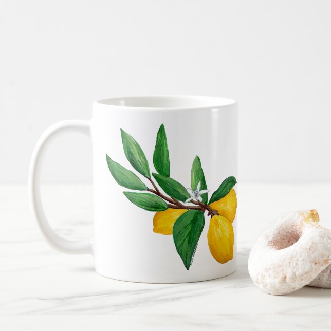 Caneca De Café Lemon Leaf Watercolor Design | Fresh Citrus  (Com Donut)
