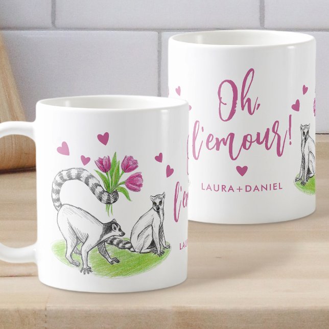 Caneca De Café Lemur e Tulipas Românticas Amor Engraçado Nome de  (Criador carregado)