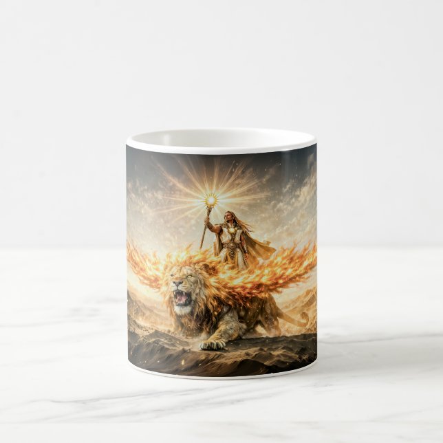 Caneca De Café Leo Zodiac with Warrior Riding a Fiery Winged Lion (Centro)