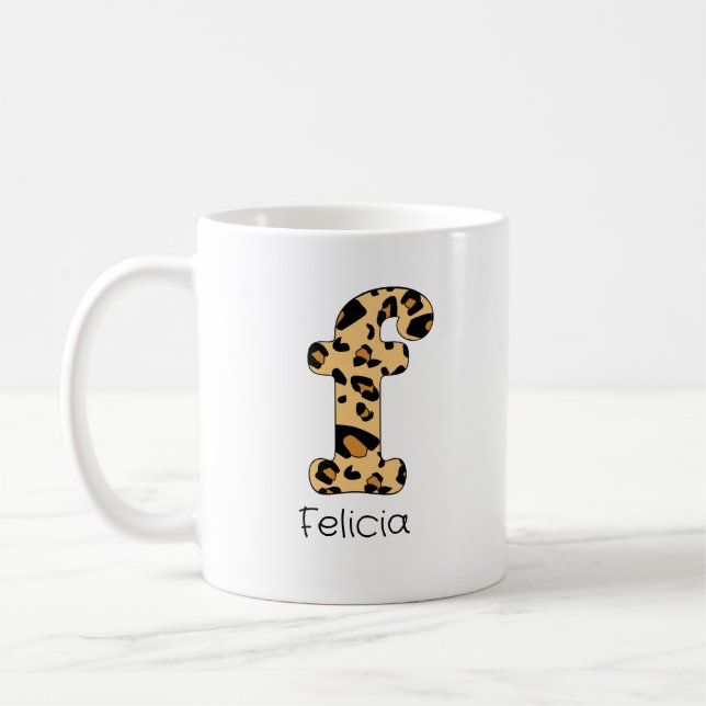 Caneca De Café Leopard Impressão Inicial f Minúscula e Nome (Esquerda)