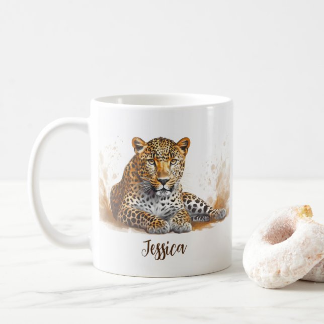 Caneca De Café Leopard Portrait Safari Nome Personalizado Animal (Com Donut)