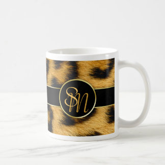 Caneca De Café Leopard Print Monogramas Script Elegante - Mug