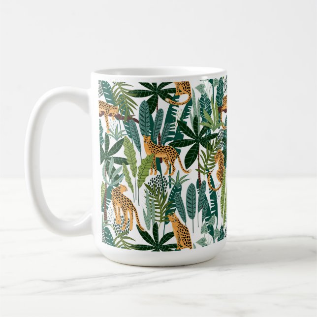 Caneca De Café Leopardo castanho em folhas da selva tropical (Esquerda)
