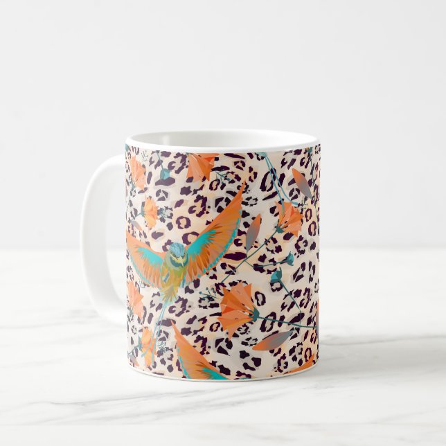 Caneca De Café Leopardo modesto, pássaros do Paraíso (Frente Esquerda)