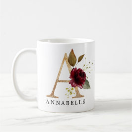 Caneca De Café Letra A de Flor de Burgundy e Ouro Elegante