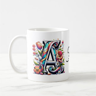 Caneca De Café Letra A de Monograma Floral Nome Personalizado Col