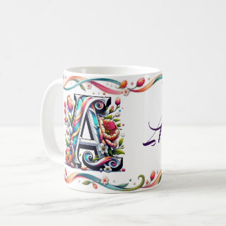 Caneca De Café Letra A de Monograma Floral Nome Personalizado Col