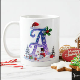 Caneca De Café Letra A de Natal Iridescente com Boneco de Neve