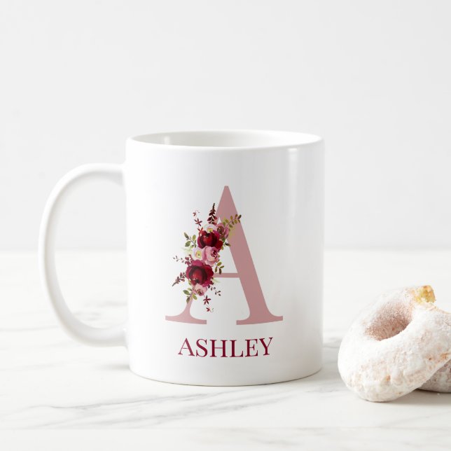 Caneca De Café Letra A Floral Borgonha Bege (Com Donut)