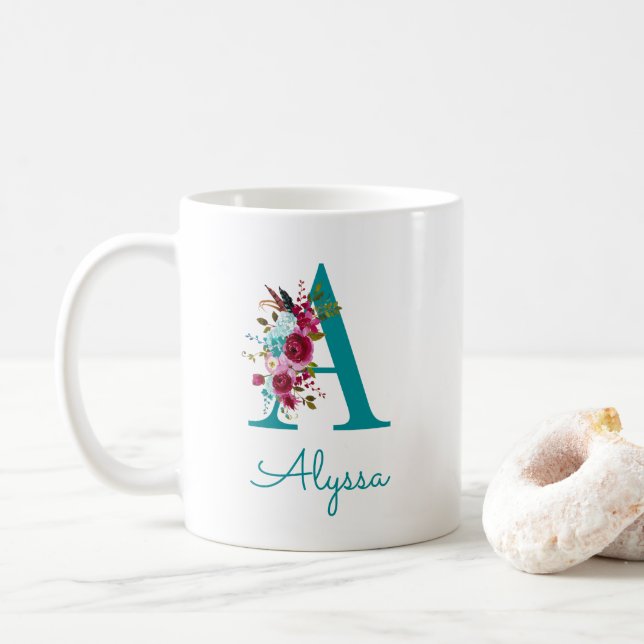 Caneca De Café Letra A Floral Rosa Turquesa (Com Donut)