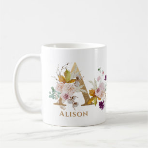 Caneca De Café Letra A - Nome Floral Dourado irmã colega de traba