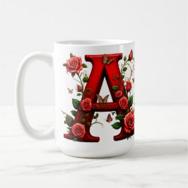 Caneca De Café Letra A Vermelha Elegante por Rosas e Borboleta