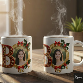 Caneca De Café Letra B de Natal em Veludo Vermelho Luxuoso Dourad
