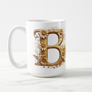 Caneca De Café Letra B Dourada Elegante Com Design Floral