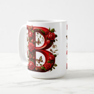 Caneca De Café Letra B Vermelha Elegante por Rosas e Borboleta