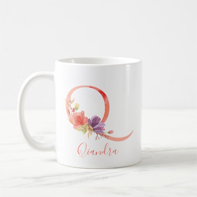 Caneca De Café Letra bonito Pink Watercolor "Q" (Esquerda)