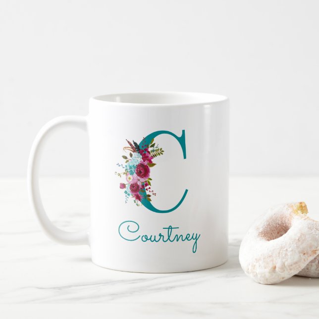 Caneca De Café Letra C, cor-de-rosa, floral (Com Donut)