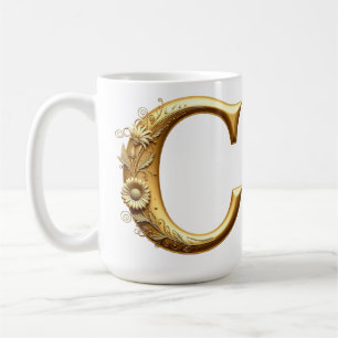 Caneca De Café Letra C Dourada Elegante Com Design Floral