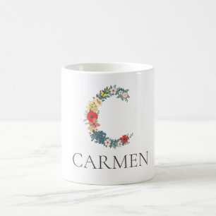 Caneca De Café Letra C, Monograma Floral Jardim, Personalizar