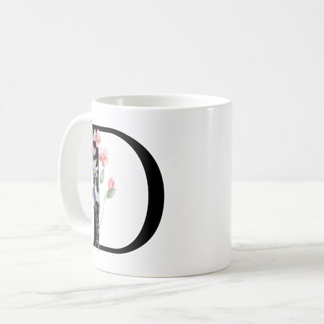 Caneca De Café Letra D com flores (Frente Esquerda)