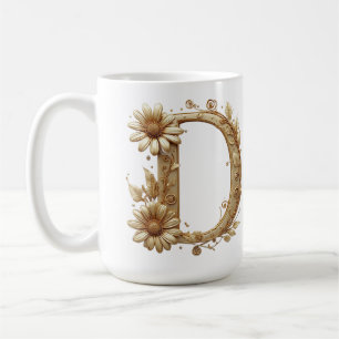 Caneca De Café Letra D Dourada Elegante Com Design Floral