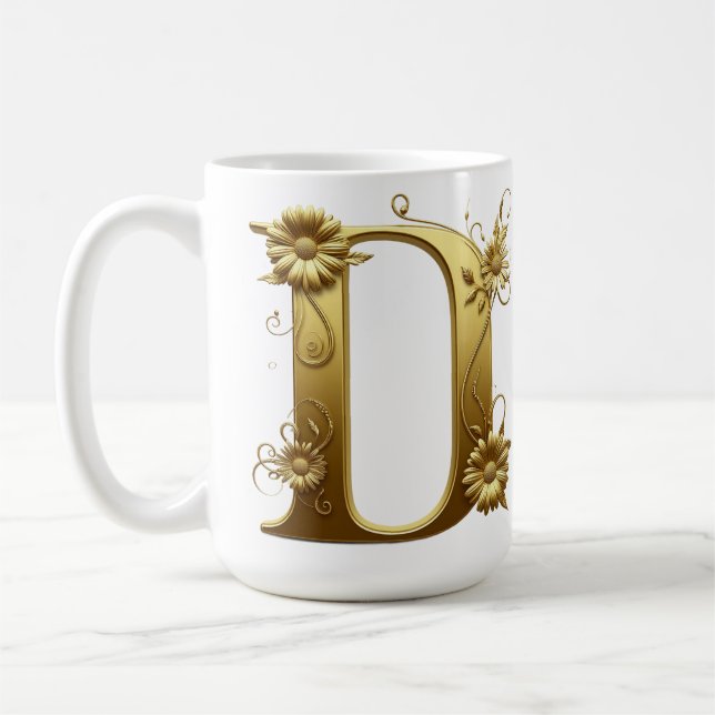 Caneca De Café Letra D Dourada Elegante Com Design Floral (Esquerda)