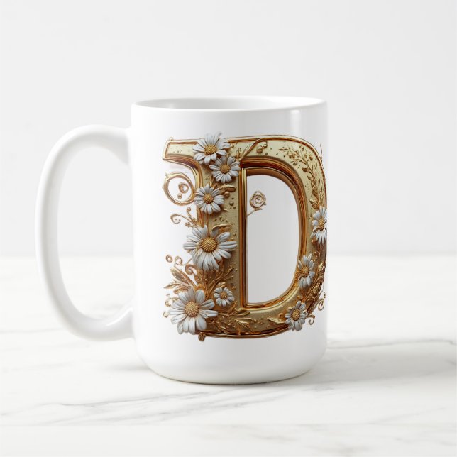 Caneca De Café Letra D Dourada Elegante Com Design Floral (Esquerda)