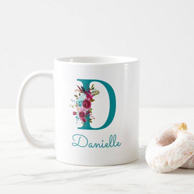 Caneca De Café Letra D Floral Rosa Turquesa (Com Donut)