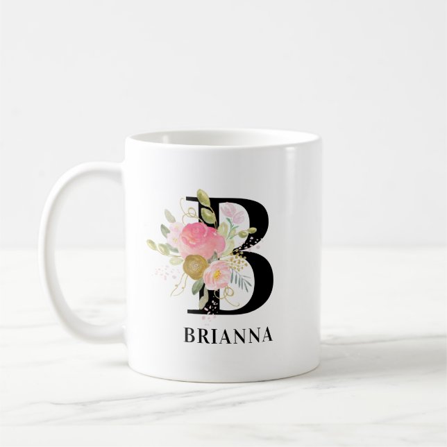Caneca De Café Letra de Flor Rosa e Dourada Monogramada Floral (Esquerda)