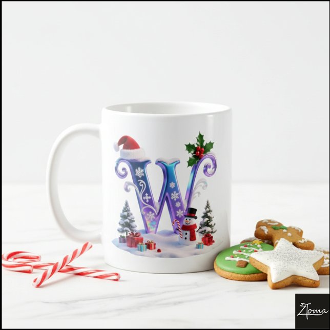 Caneca De Café Letra de Natal Iridescente W com Boneco de Neve (Criador carregado)