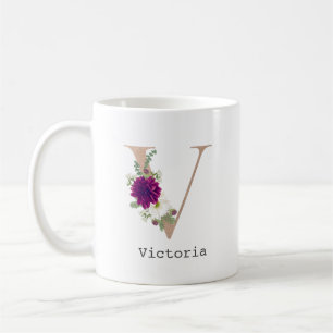 Caneca De Café Letra de nome personalizado Floral Alfabet "V"