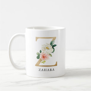 Caneca De Café Letra Dourada e Floral Cor-de-Rosa Z Monograma