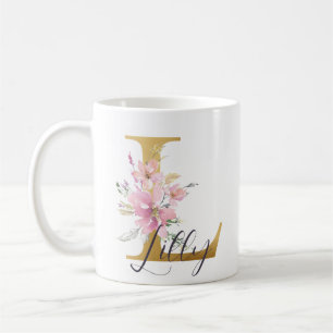 Caneca De Café Letra Dourada Floral Cor-de-Rosa Elegante L