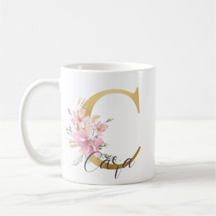 Caneca De Café Letra Dourada Floral Rosa Elegante Monograma C