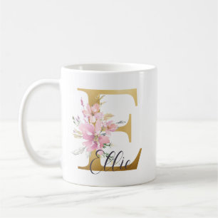 Caneca De Café Letra Dourada Floral Rosa Elegante Monograma E