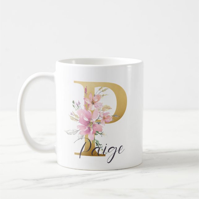 Caneca De Café Letra Dourada Floral Rosa Elegante Monograma P (Esquerda)