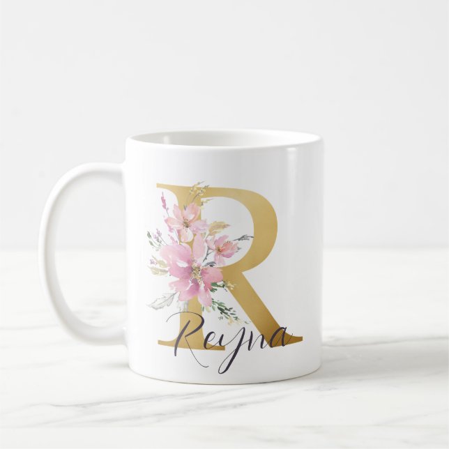 Caneca De Café Letra Dourada Floral Rosa Elegante Monograma R (Esquerda)