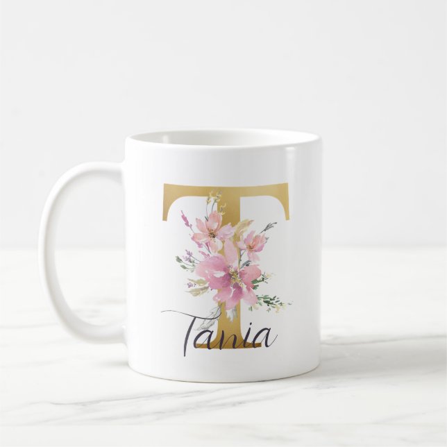 Caneca De Café Letra Dourada Floral Rosa Elegante Monograma T (Esquerda)