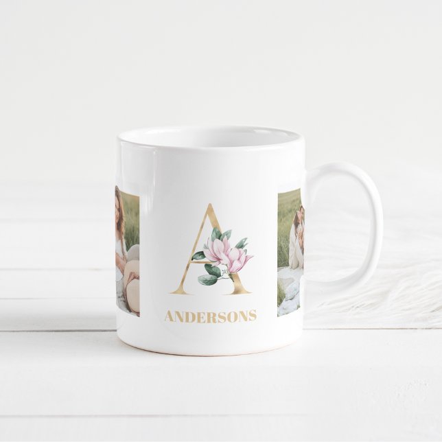 Caneca De Café Letra Dourada Moderna Flores | Dois Monogramas fot (Criador carregado)