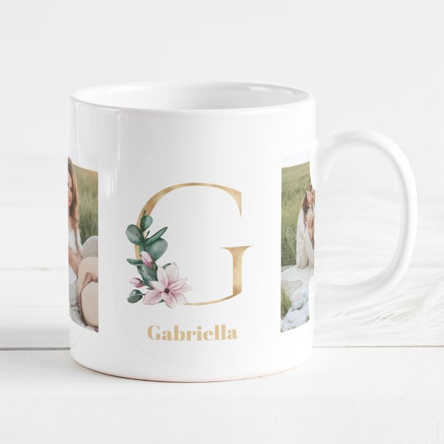 Caneca De Café Letra Dourada moderna G Flor | Dois Monogramas fot (Criador carregado)