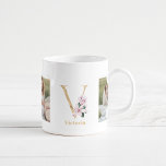 Caneca De Café Letra Dourada Moderna V Flor | Dois Monogramas fot<br><div class="desc">Letra Dourada Moderna V Flor | Dois Monogramas fotográficos</div>
