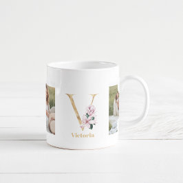 Caneca De Café Letra Dourada Moderna V Flor | Dois Monogramas fot