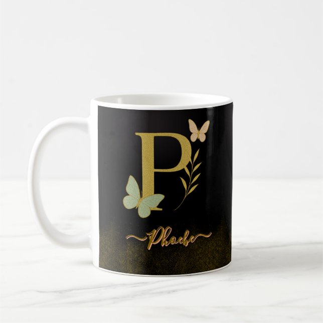 Caneca De Café Letra Dourada P Butterfly Mug Design (Esquerda)