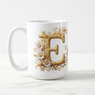 Caneca De Café Letra E Dourada Elegante Com Desenho Floral