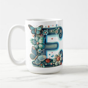 Caneca De Café Letra E Floral Elegante com Borboletas