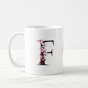 Caneca De Café Letra F, Cherry Blossom Nome do Script Monograma