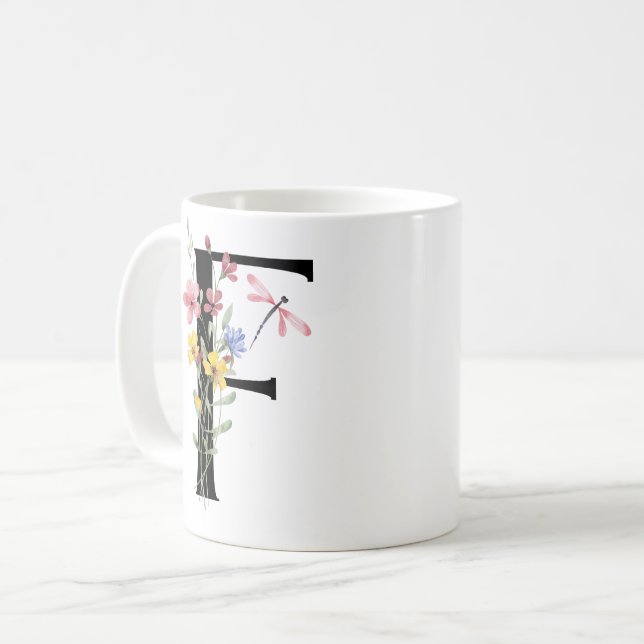 Caneca De Café Letra F com flores (Frente Esquerda)
