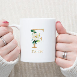 Caneca De Café Letra F Dourada Monograma | Floral Rosa Branco Ver