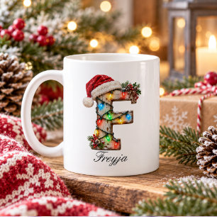 Caneca De Café Letra F Monograma de Natal Festivo Rústico